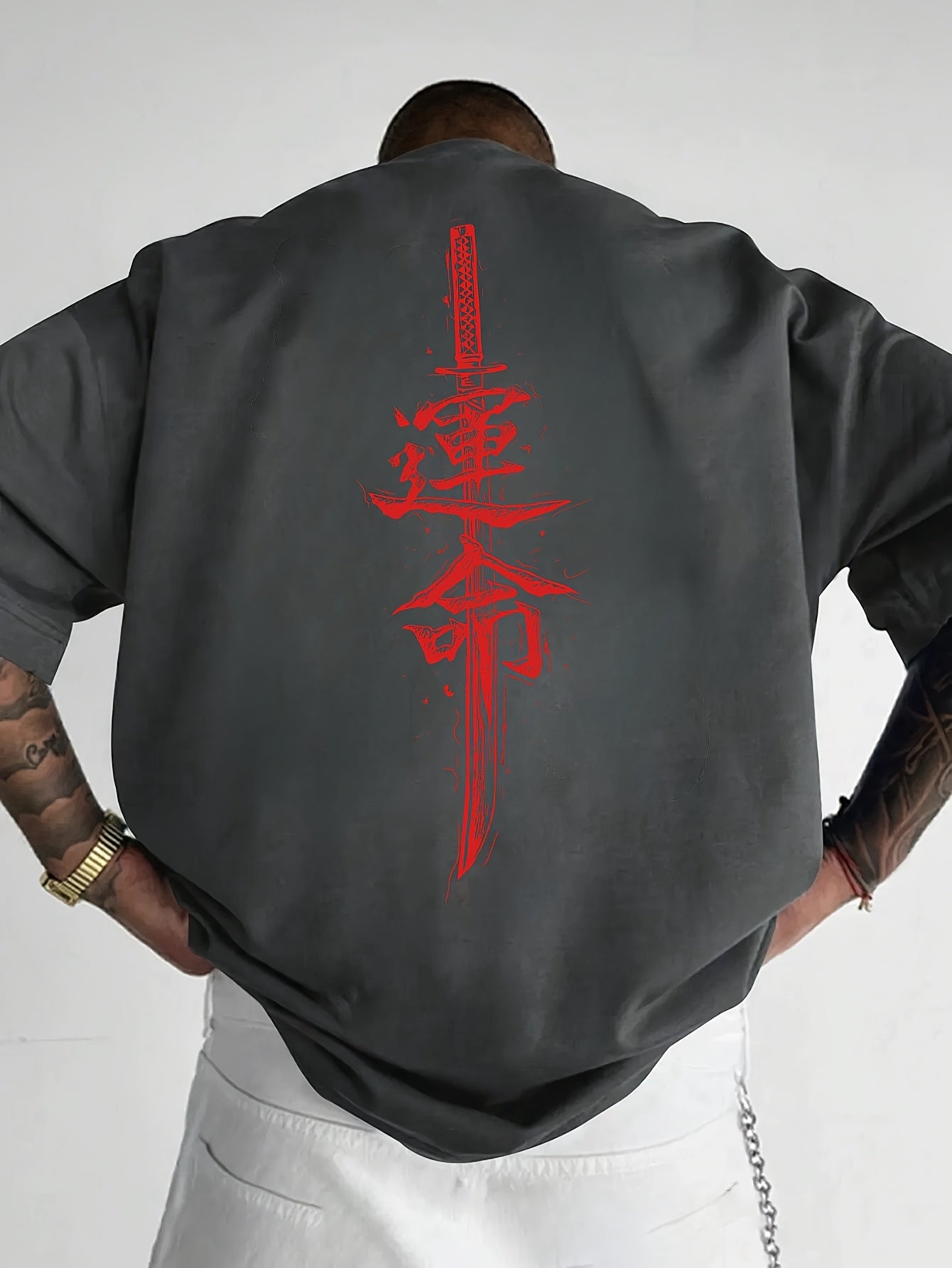 Men'S Japanese Samurai Sword Graphic T-Shirt - Casual Loose Fit Crew Neck, Short Sleeve Tee with Red Stylized Japanese Katanas Design, Breathable Polyester for Spring Summer Outdoor Wear
