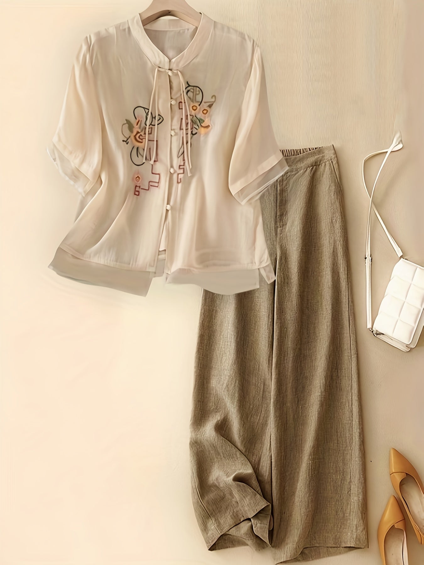 New Season Women'S High-End Shirt with Chinese Style Prints And Solid Color Long Pants Two-Piece Set.
