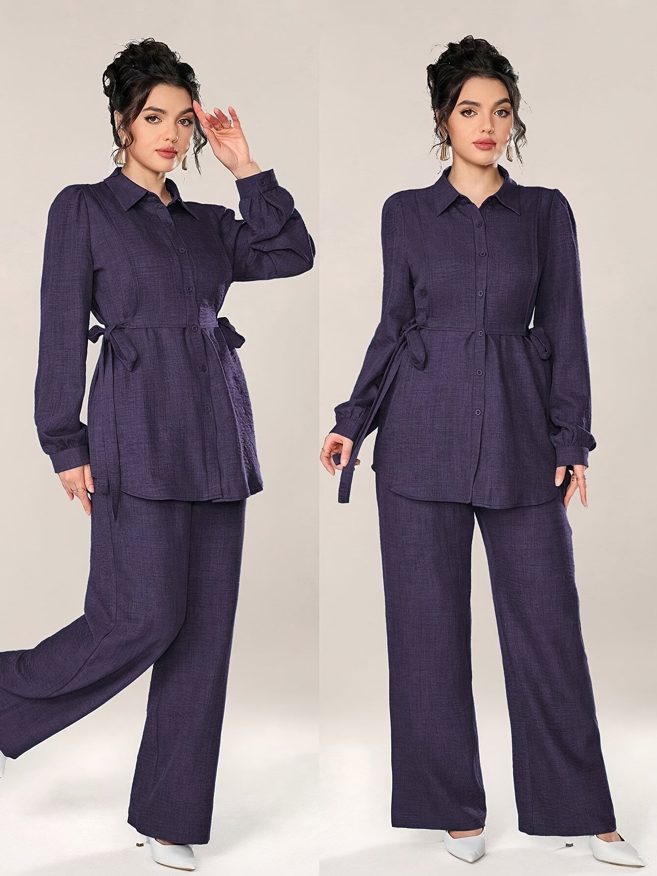 Two-Piece Abaya Set with Wide-Leg Pants, Long Sleeve Design with Back Tie, Suitable for Office and Daily Wear, Soft and Stretchable Fabric, Elegant Middle Eastern Style, Comfortable, Machine Washable, Practical and Stylish