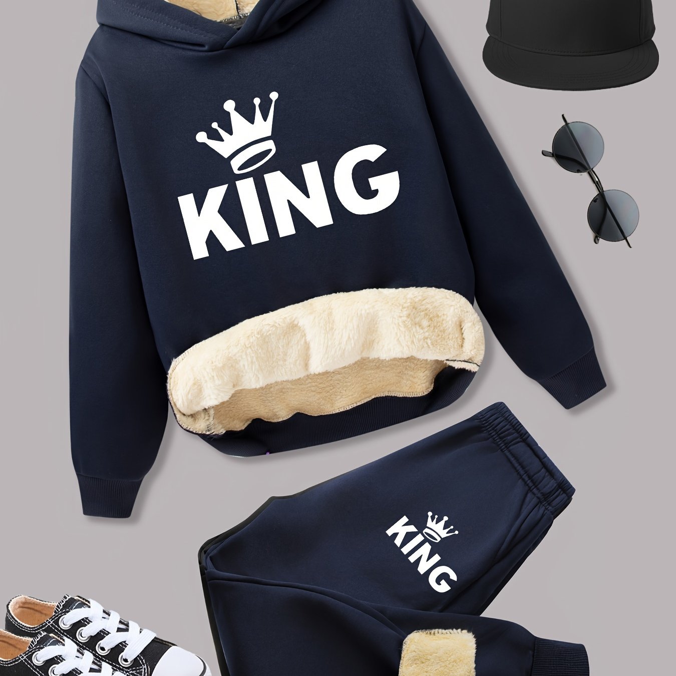 2pcs Boys' Fleece-Lined Thickened Warm Hoodie + Pants Set, Stylish Letter Print Winter Comfortable Sportswear Outfit for Kids Casual Leisurewear, Perfect for, Blanket Hoodie Kids