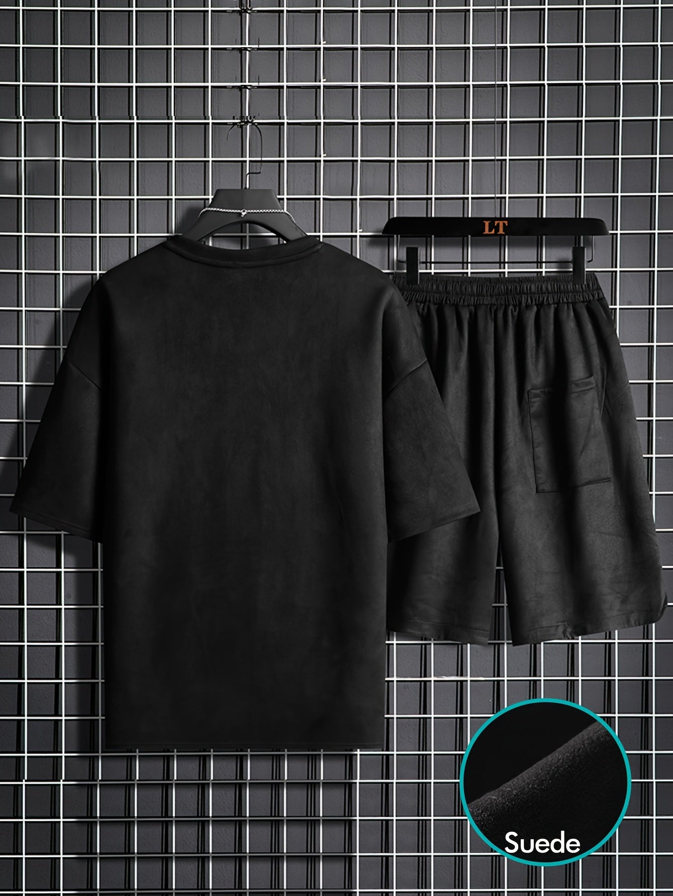 Two-piece Men's summer short-sleeve set, round-neck T-shirt, high-end solid color, half-sleeve, open-back hair clip, thin-fit shorts