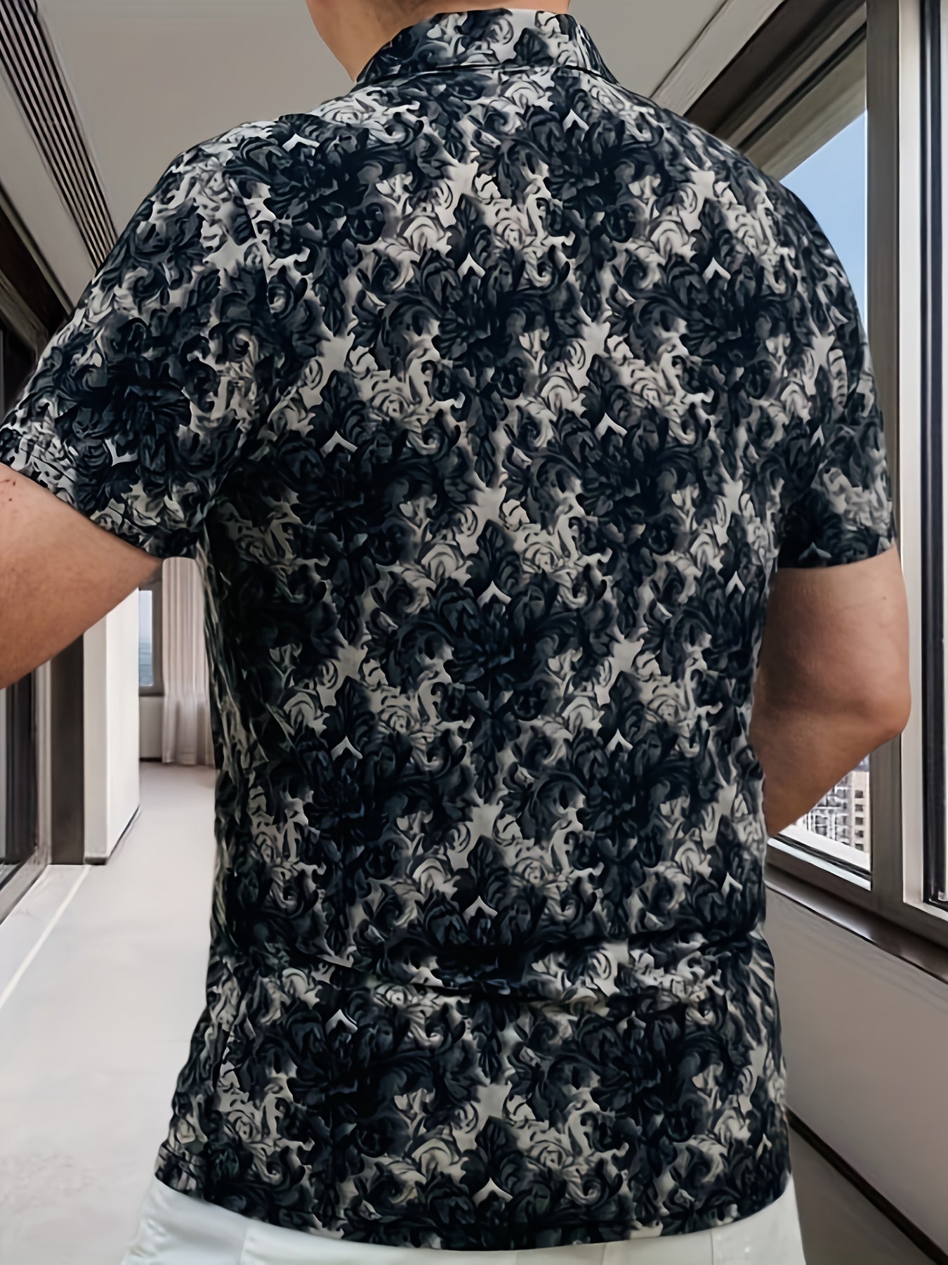 Men's Short Sleeve Shirt with Zipper Front - Black White Floral Print Summer Casual T-Shirt, Breathable Stand Collar, Regular Fit for Casual Attire, Easy Care Fabric
