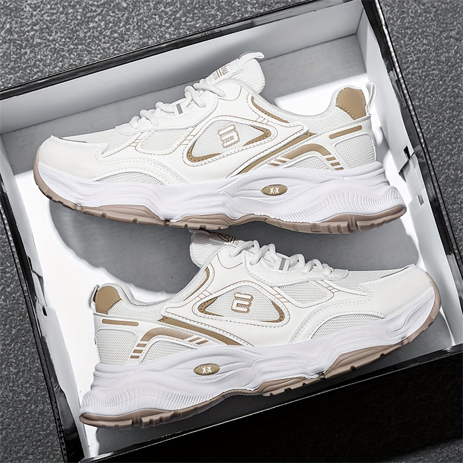 Men'S 2025 New Fashionable Low-Top Sneakers with Thick Sole - Non-Slip, Outdoor Casual Shoes for Teenagers and Young Adults, White and Golden Accents, All-Season Comfort, Casual Footwear Modern Sneaker Design Rubber Base