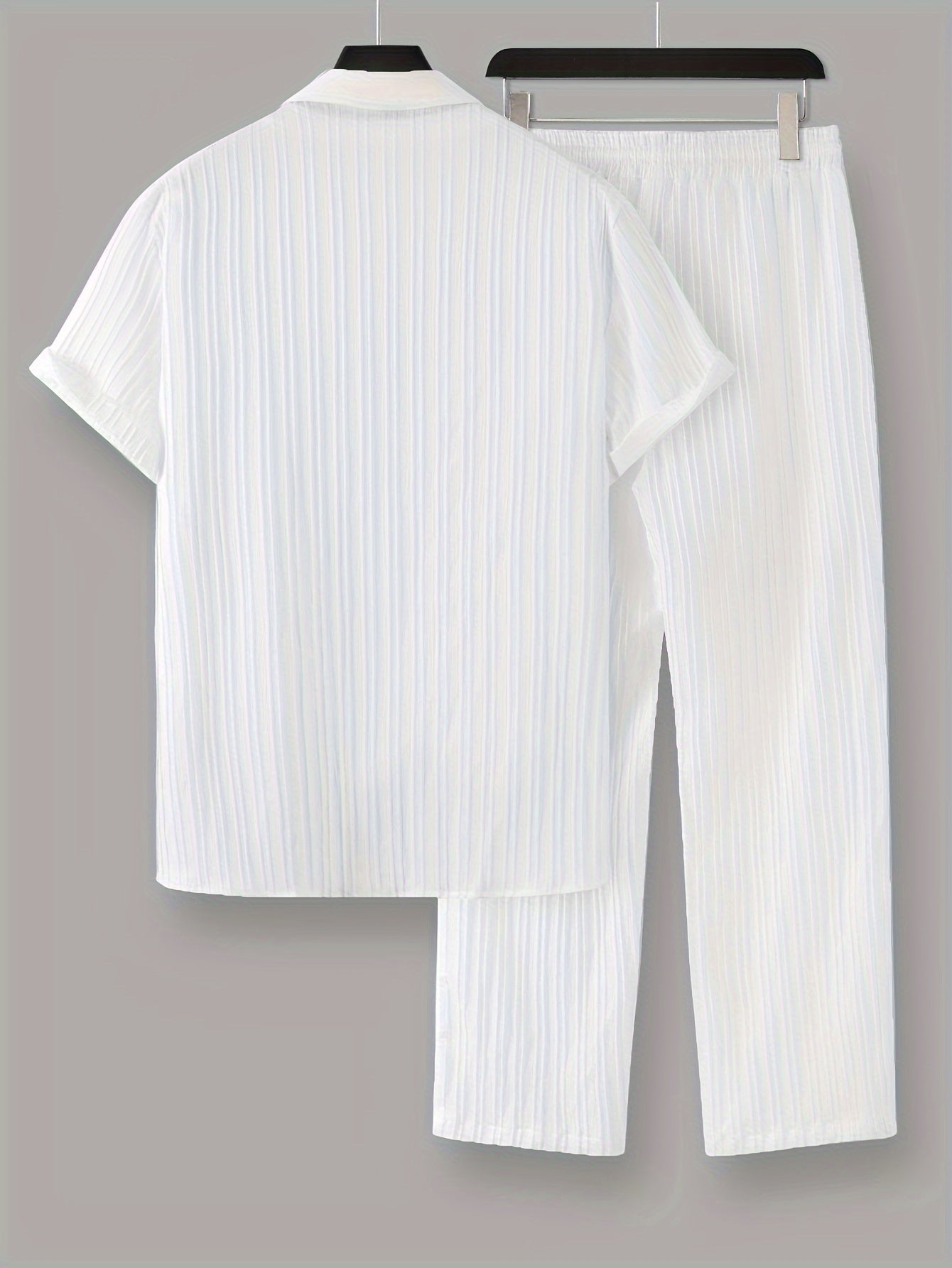 2-piece Men's Stylish Spring Summer Vacation Outfit Set, Men's Ruffled Short Sleeve Lapel Shirt & Drawstring Long Pants Set