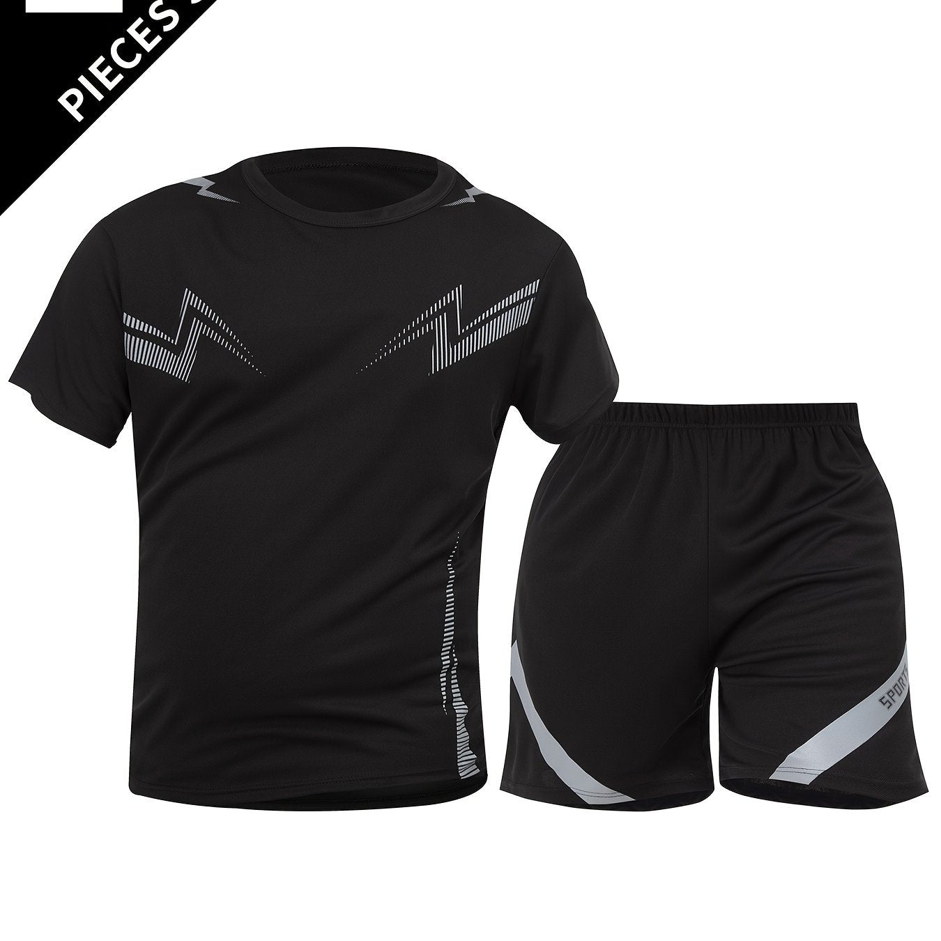 2pcs Summer New Lightning Print Sports Suit Men's Short Sleeve Shorts Outdoor Fitness Breathable Quick-Dry Loose Running Outfit Set