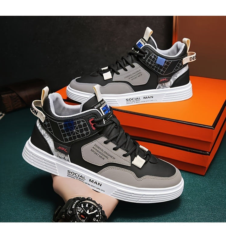 Men's High Top Lace Up Skateboard Shoes, Trendy Non Slip Casual Shoes For All Seasons Outdoor Walking Traveling Party