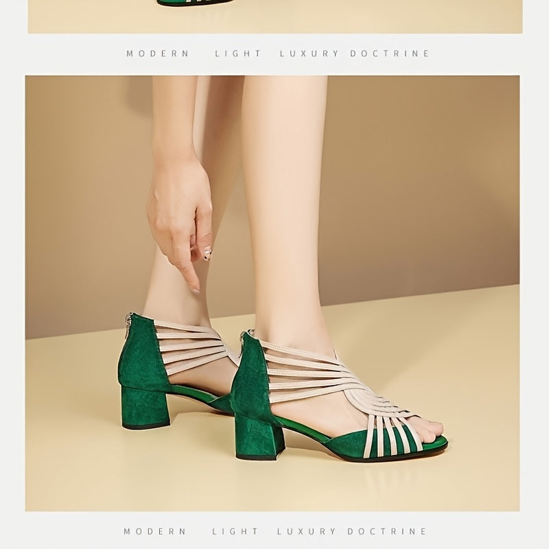Women's Roman Gladiator Sandals - Chunky Mid-Heel Open-Toe Zipper Closure, Breathable PU Cover Strappy Ankle Strap for Spring, Casual Formal Events