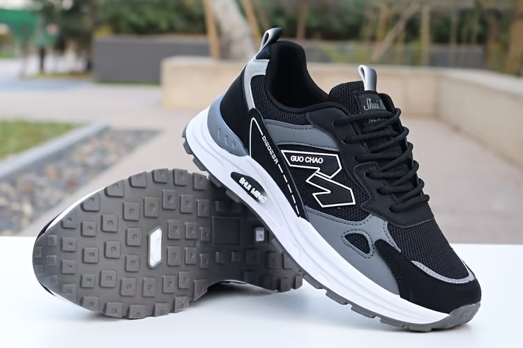 Men's Breathable Mesh Running Sneakers - Durable, Anti-Slip, Odor-Resistant Casual Shoes with Rubber Sole for Spring Fall, Low-Top Lace-Up Design in White, Black Green