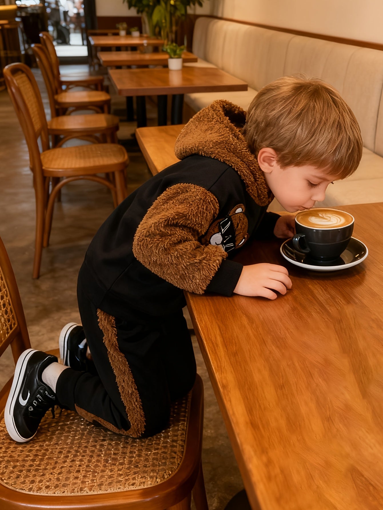 Cozy & Cute Boys' 2pcs Set: Fleece-Lined Bear Embroidered Hoodie and Pants - Perfect for Fall/Winter, Perfect for Outdoor