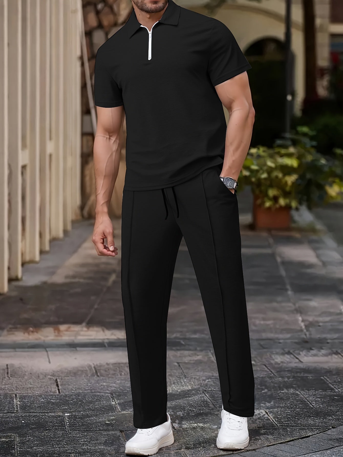 Men'S Summer Solid Color Trendy Casual Suit Collared Short Sleeve Long Pants Suit, Perfect for Outdoor