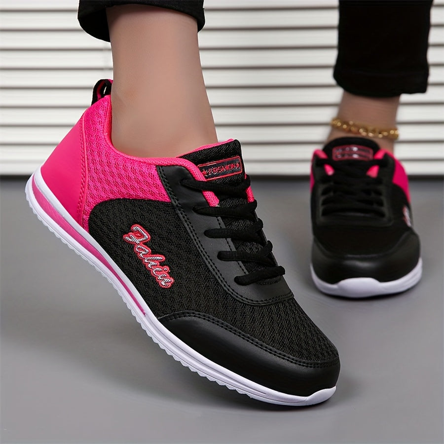Women'S Breathable Lightweight Running Shoes - Black Pink Checkered Design, Low-Top Lace-Up Sneakers with EVA Sole for Casual, Travel Light Jogging, All-Season Comfort, Ladies Sneakers, Stylish Sportswear, Cushioned Suppo