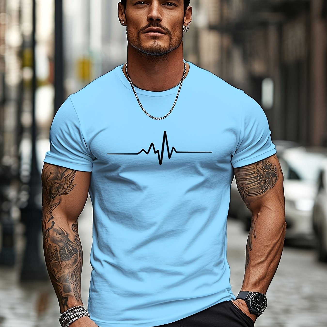 Men'S Brown T-Shirt with ECG Heartbeat Graphic - Casual Streetwear, Short Sleeve, Round Neck, Stretch Fabric, All-Season Comfort, Casual Streetwear Tee Round Neck Tshirt Comfortable Fit