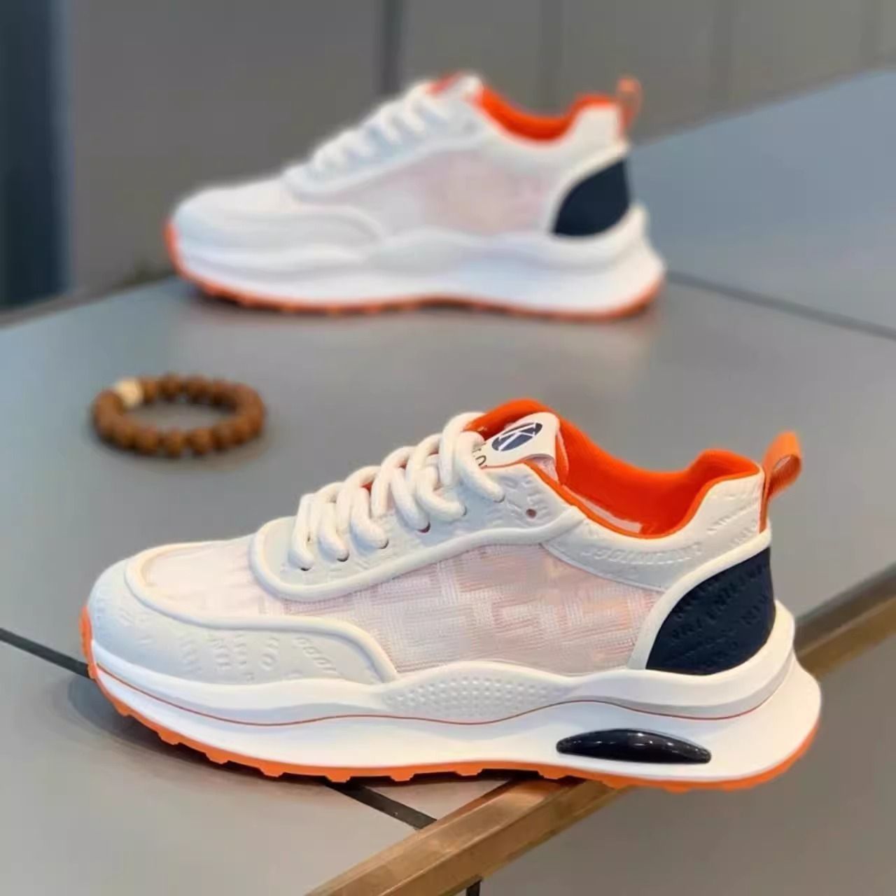 Men's Lightweight Breathable Low-Top Sneakers - PU Upper PVC Sole, White/Navy/Red Accents, Lace-Up Round Toe for Casual, Outdoor, Running Gym - All-Season Comfort Shoes, Casual Footwear, Geometric Pattern, Comfortable Fit
