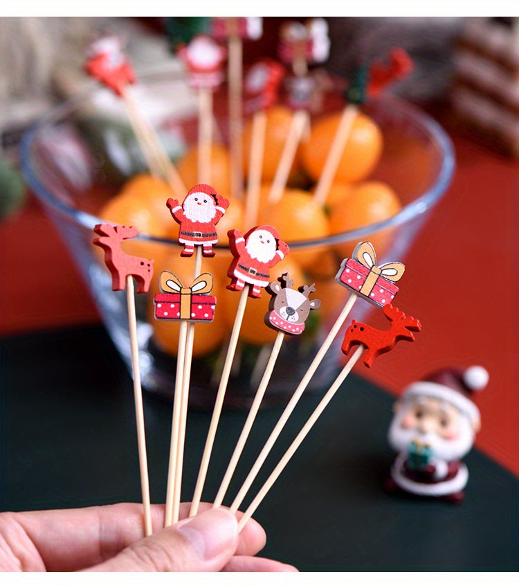 100pcs Festive Christmas Fruit Skewers with Santa, Reindeer, Snowflake & Tree Designs - Disposable Bamboo Picks for Parties, Desserts, Cocktails & Hamburgers, Christmas Dessert Decorations, Durable Fruit Skewers