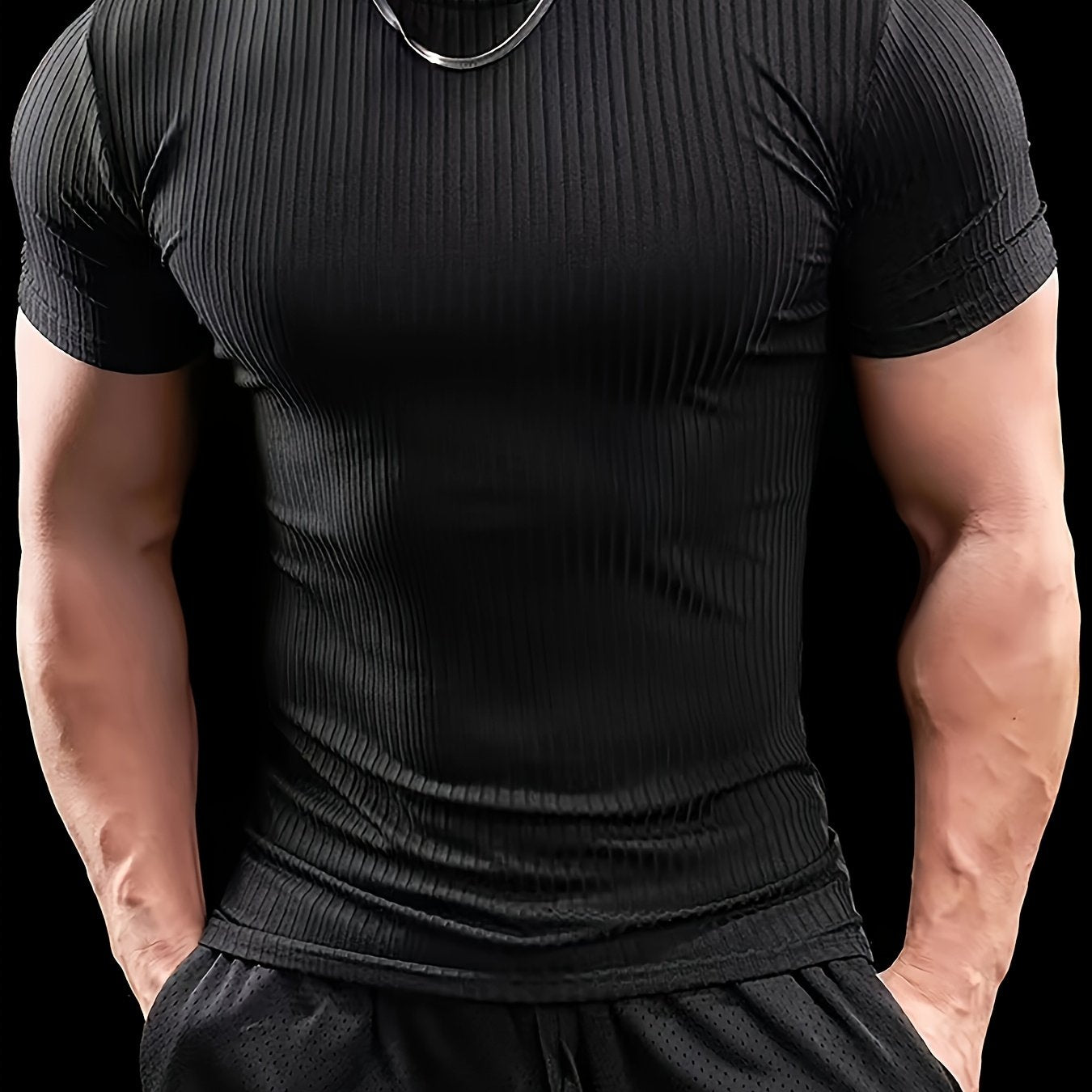 Men's Slim Fit Ribbed Short Sleeve T-Shirt - Stretchy Athletic Casual Wear, Green, Round Neck, Machine Washable, Muscle-Enhancing Design, Gym Shirts
