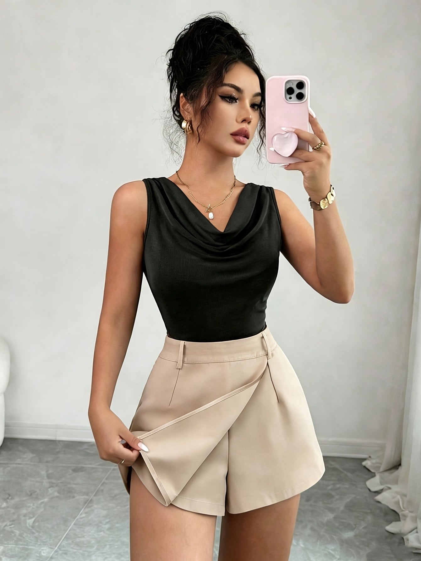 Women's Elegant Sleeveless Brown Vest & Apricot Shorts Set