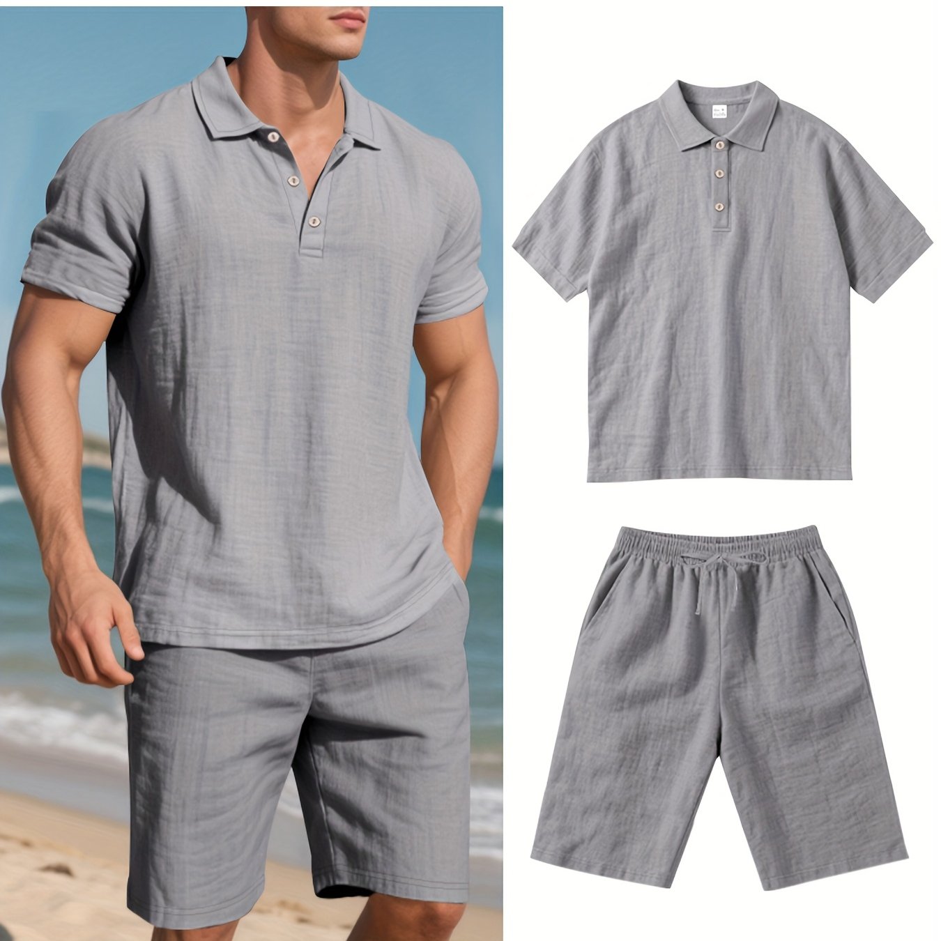 Essential for a Cool Summer! Men's Linen Shirt & Shorts Set, Comfortable Casual Outing Choice - Simple Beach Vacation Style Solid Color Linen