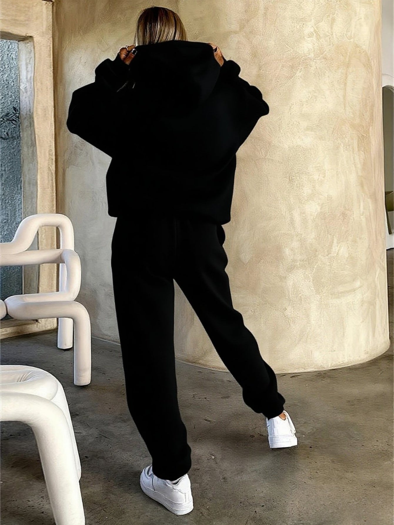 New Arrival Gray Print Women's Hooded Drawstring Sweatshirt and Pants Set, Autumn/Winter Warm Long-Sleeve Pullover with Hat, Machine-Washable Polyester, Versatile Outfit