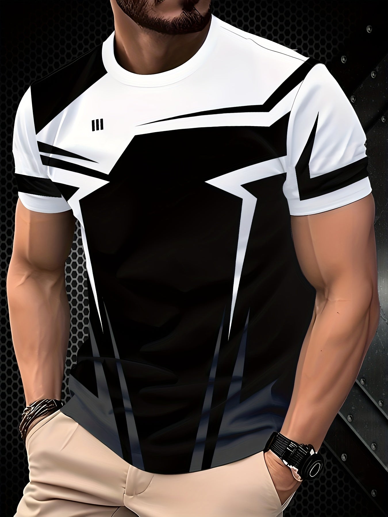 Men'S 3D Printed Short Sleeve T-Shirt - Stylish Black and White Geometric Design, Lightweight Polyester Fabric, Regular Fit Crew Neck for Casual Wear, Modern Apparel Geometric Pattern Shirt Lightweight Tshirt
