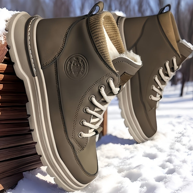 Men's Winter Snow Boots with -Like Collar & Thick Ankle - Upper, PVC Traction Tread, Lace-Up Ankle-High Trekking Boots for Ice, Snow, Hiking, - Warm Outdoor & Casual