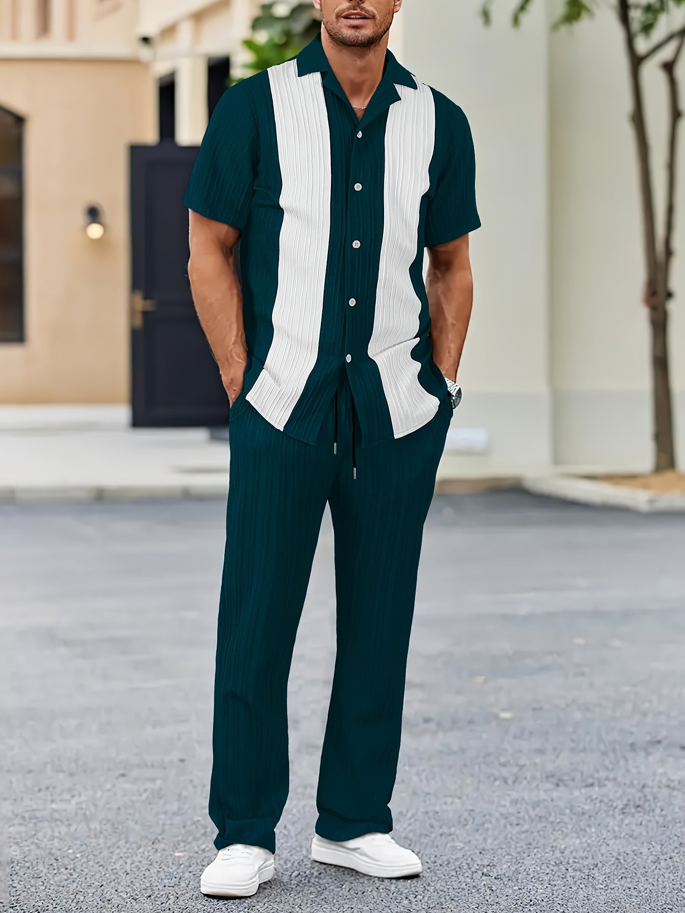 New Men's Colorful French Stripe Short Sleeve Shirt and Trousers Set