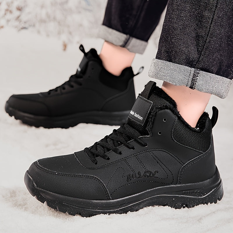 Men's Mid-Top Outdoor Sneakers | Plush Lining for Warmth | Durable MD Sole | All-Season Comfort | Stylish Black | Casual Walking Shoes with Hook & Loop Fastener | Ideal for Travel and Everyday Use