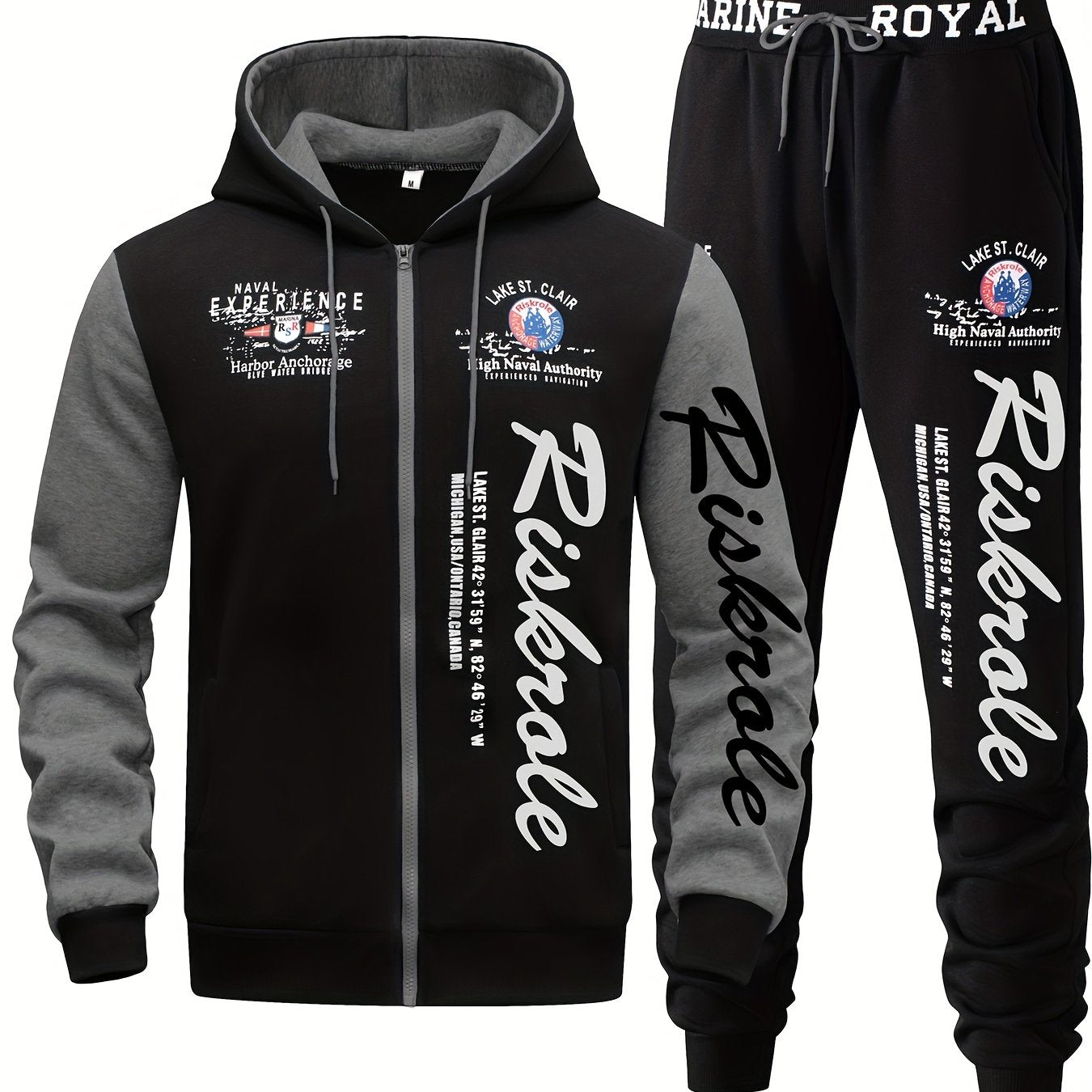 Men's Hooded Letter Print Tracksuit, 2pcs Casual Sports Set, Fashion Hoodie With Full-zip And Elastic-waist Pants, Regular Fit, Outdoor Cloth