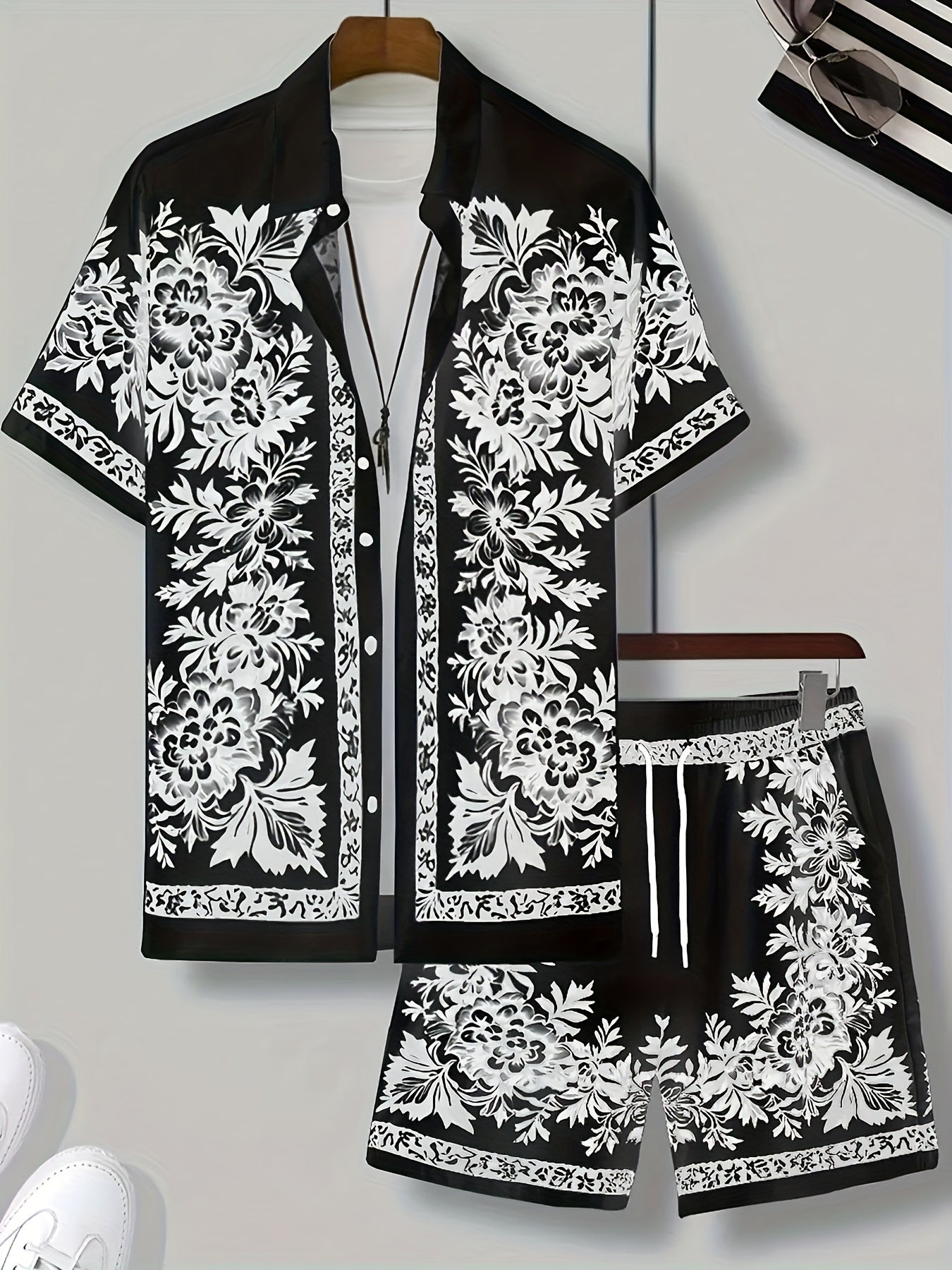 Men'S Two Sets of Floral Print Casual Button-Up + Drawstring Sports Shorts Two-Piece Hawaiian Beach Sports Styl
