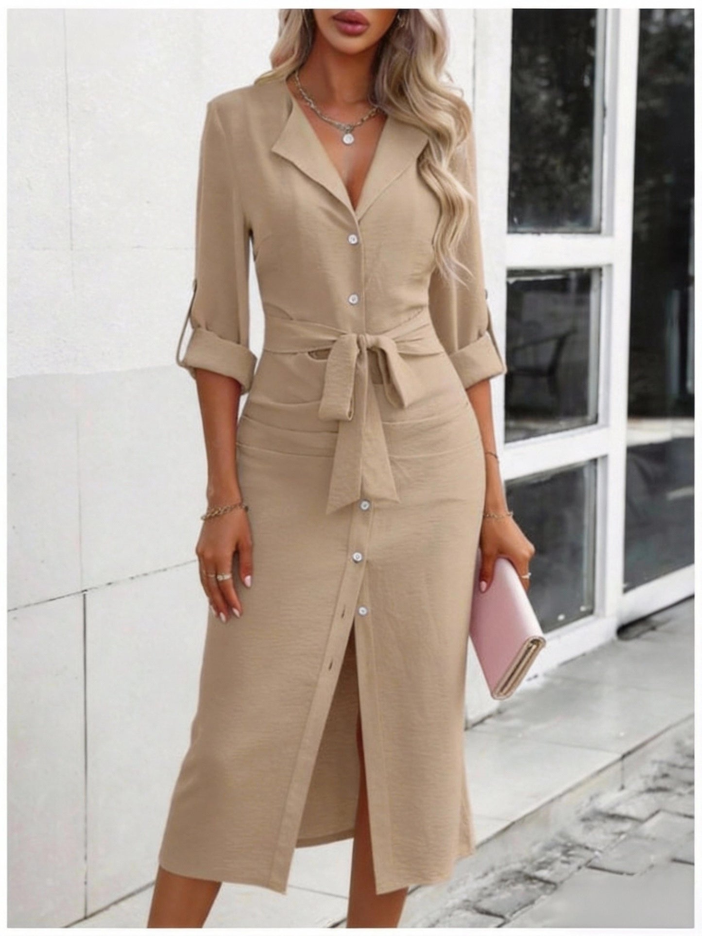 Women's Elegant Solid Color Waist-Cinched Bodycon Dress