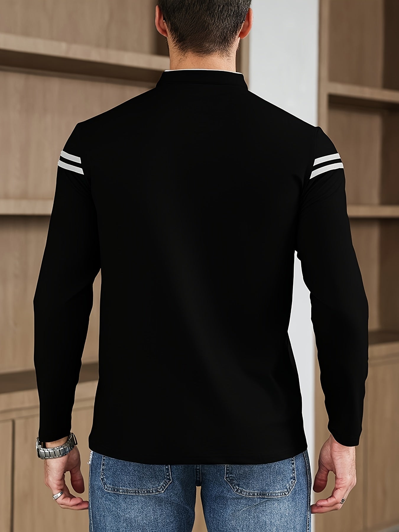Men'S Casual Long Sleeve T-Shirt - Solid Color with Stand Collar Stripe Polo, Button-Up Front, Ideal for Outdoor Activities