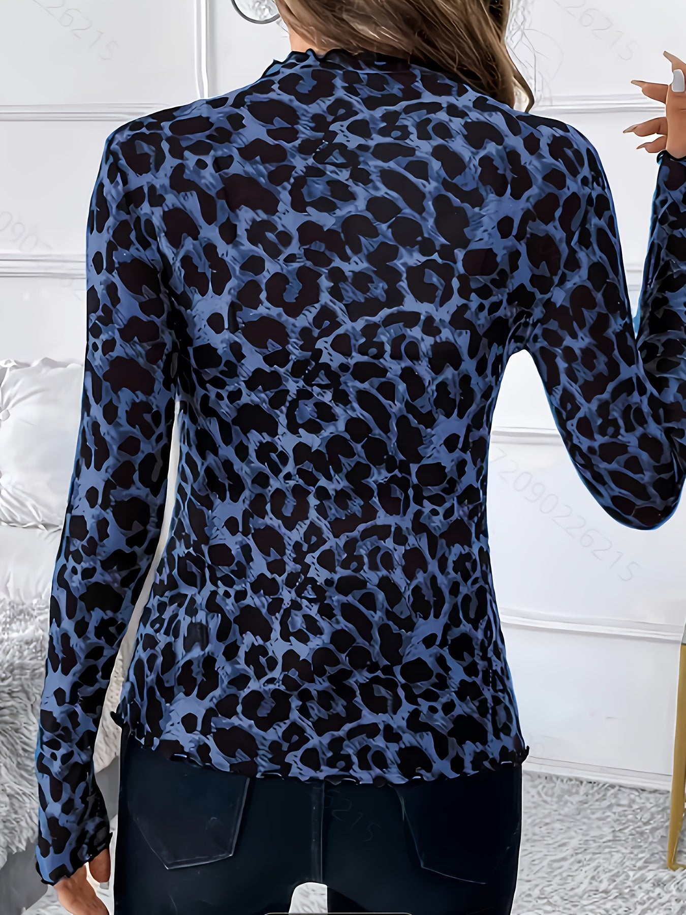 Women's Sexy Semi-Sheer Leopard Print Stretch T-Shirt - Slim Fit High Elasticity Polyester-Spandex Blend, Machine Washable All-Season Top for Casual & Formal Wear