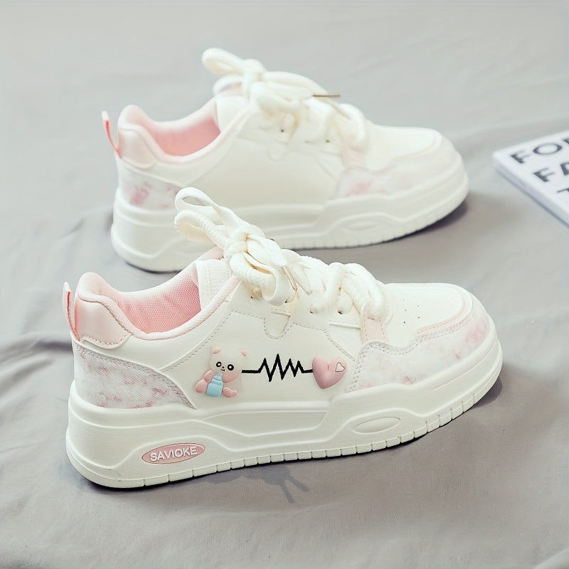 Women's White Mid-Top Sneakers with Bear Heart Stripes Design - PU Cover Upper, Thick Cushioned PVC Sole - Trendy Casual Shoes for All-Season Comfort