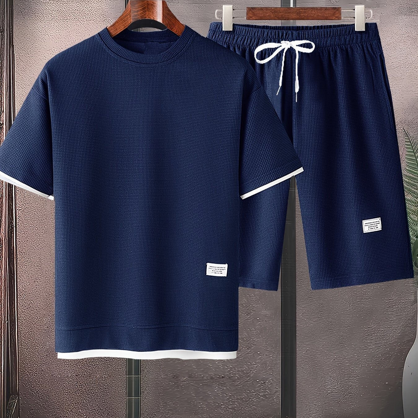 Waffle short-sleeved T-shirt Men's casual sports suit summer loose fake two-piece half-sleeve T-shirt set