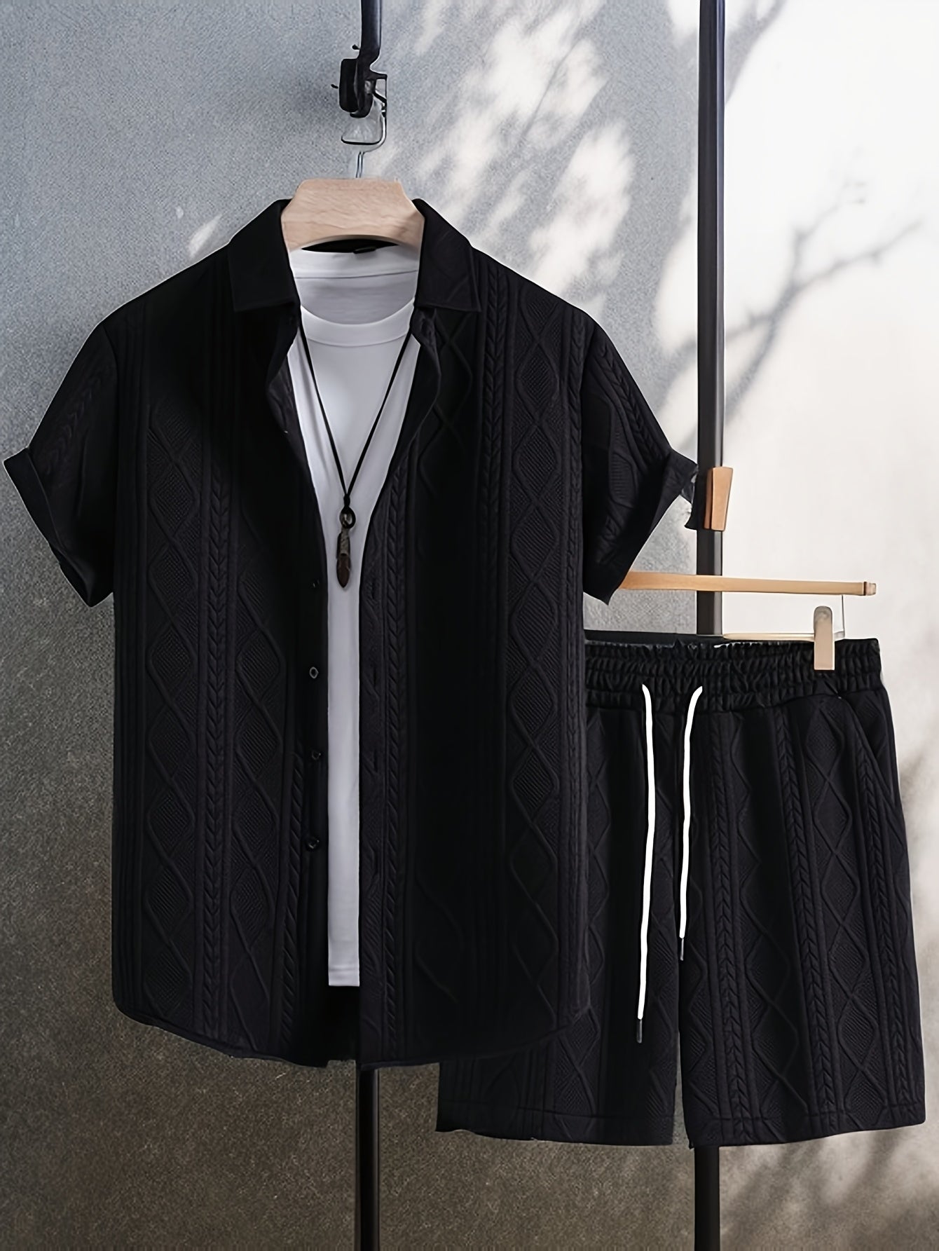 Men's Set Shirt Short Sleeve Shorts Thick Solid Color Knit Jacquard Casual Comfort High-Quality Two-Piece Set