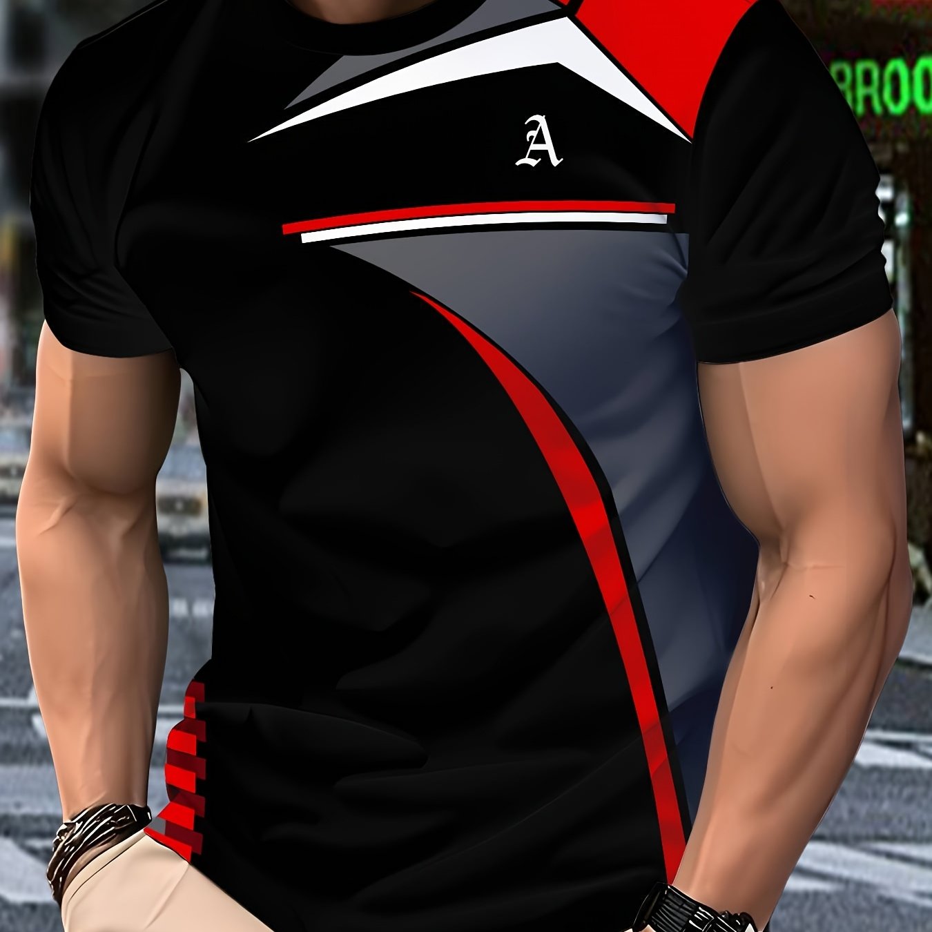 Men's Black 3D Geometric Print T-Shirt – Casual Short Sleeve Summer Tee with Red Gray Accents, Round Neck, Machine Washable for Outdoor Sports, Everyday Comfort, Durable Fabric