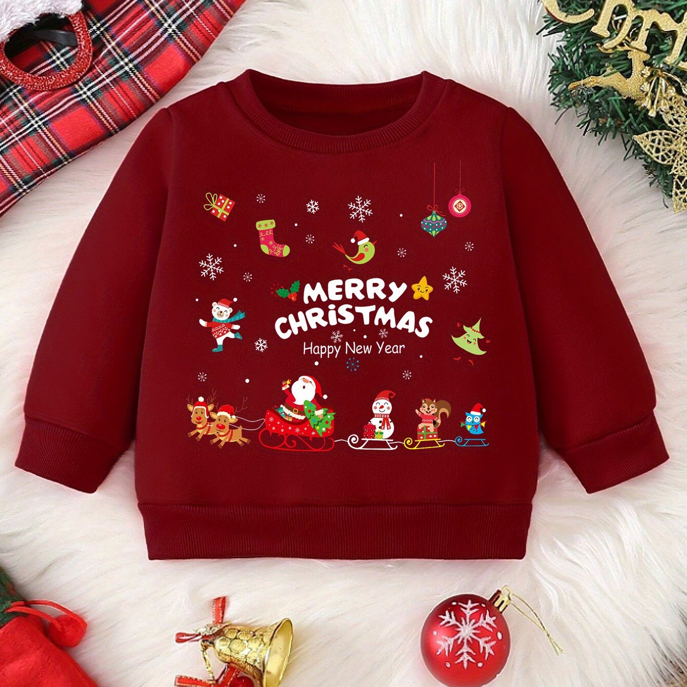 Boys' Fashionable Long-Sleeve Crew Neck Sweatshirt with Christmas Pattern and Letter Print, Casual Street Style for Spring, Autumn, Winter - Polyester