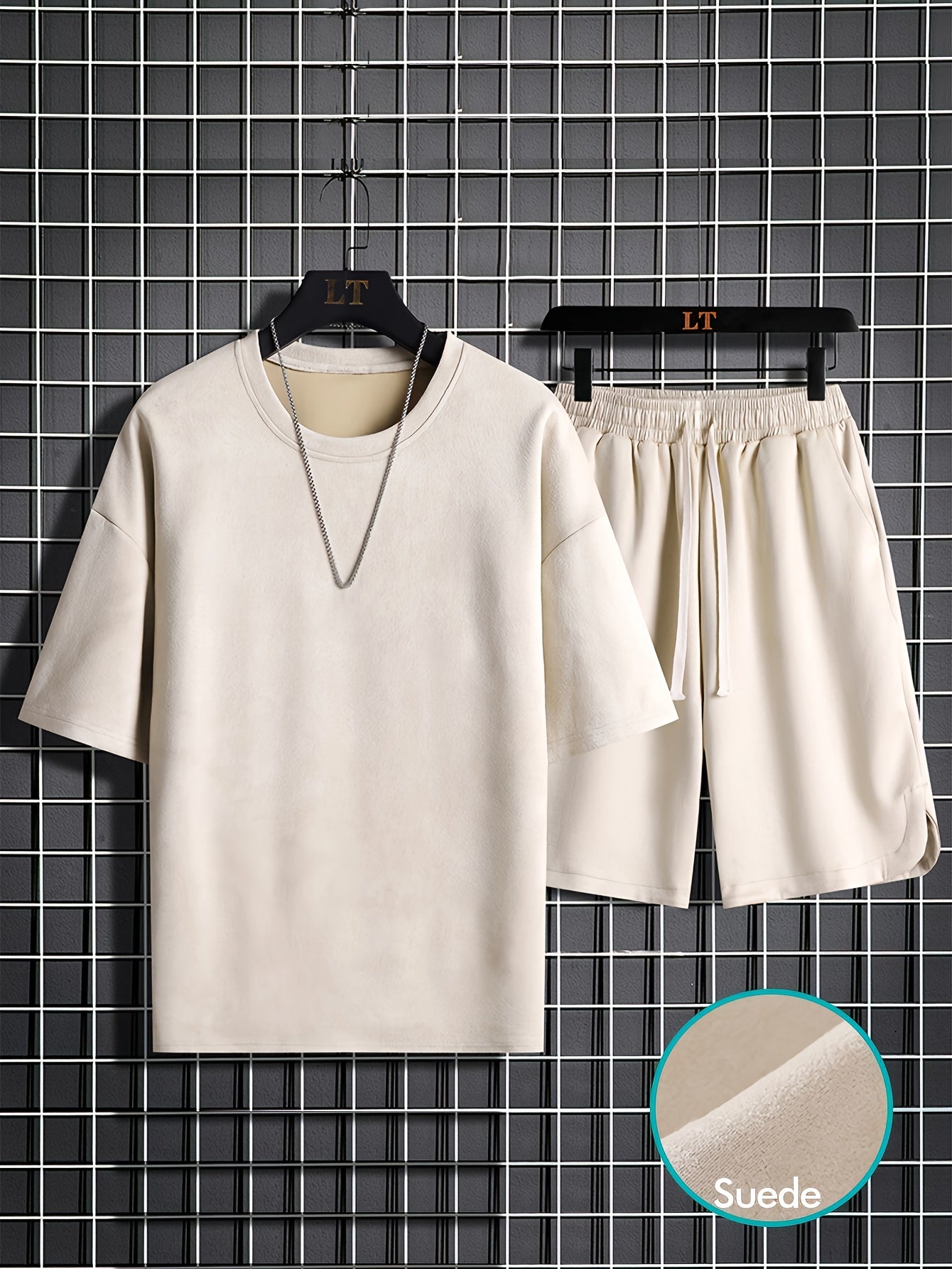 Two-piece Men's summer short-sleeve set, round-neck T-shirt, high-end solid color, half-sleeve, open-back hair clip, thin-fit shorts