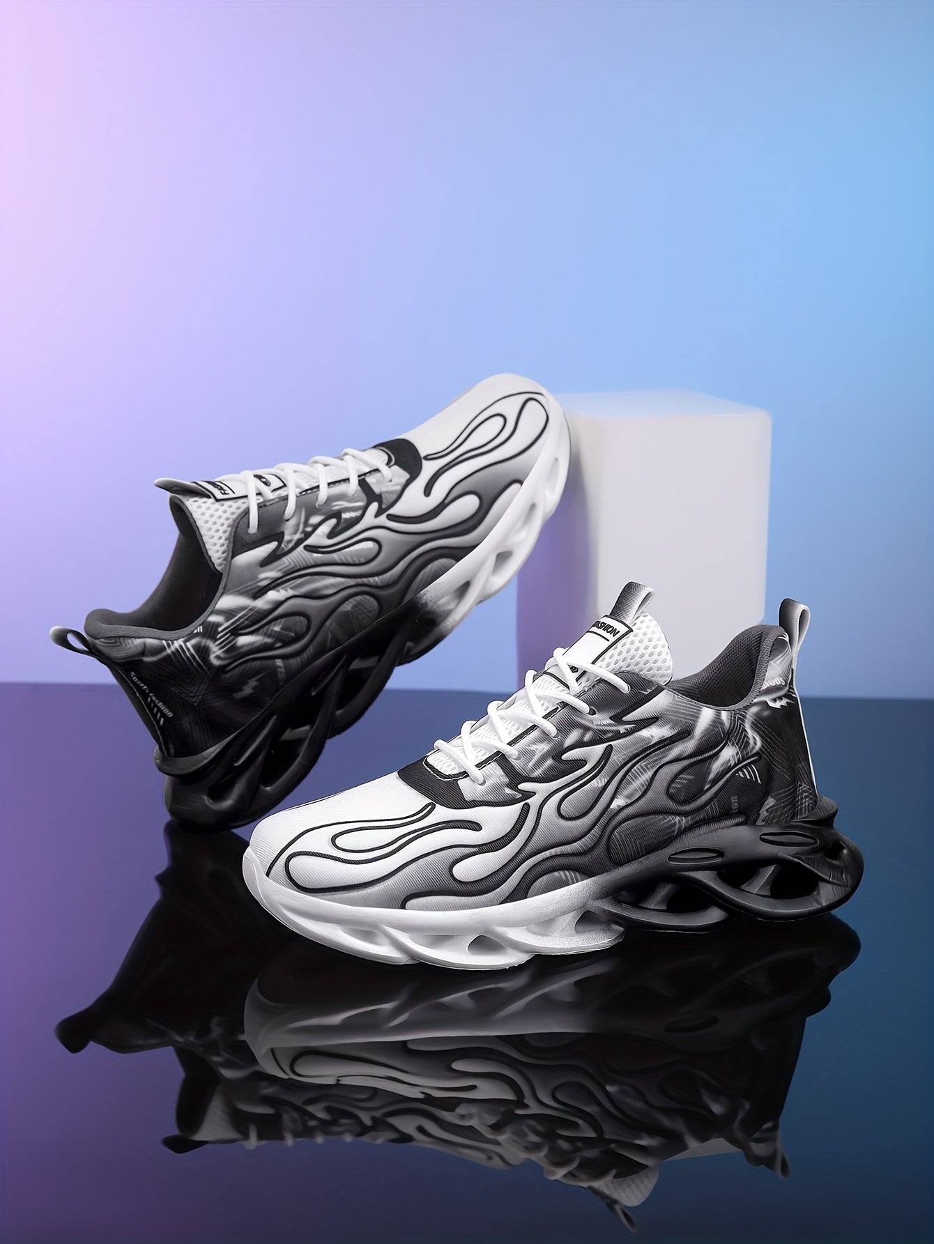 Trendy Black White Gradient Sneakers - Breathable Mesh, Thick Sole for Height Boost, Fashion Athletic Casual Running Shoes with Flame Design, Perfect for Students Casual Attire, High Top Sneakers