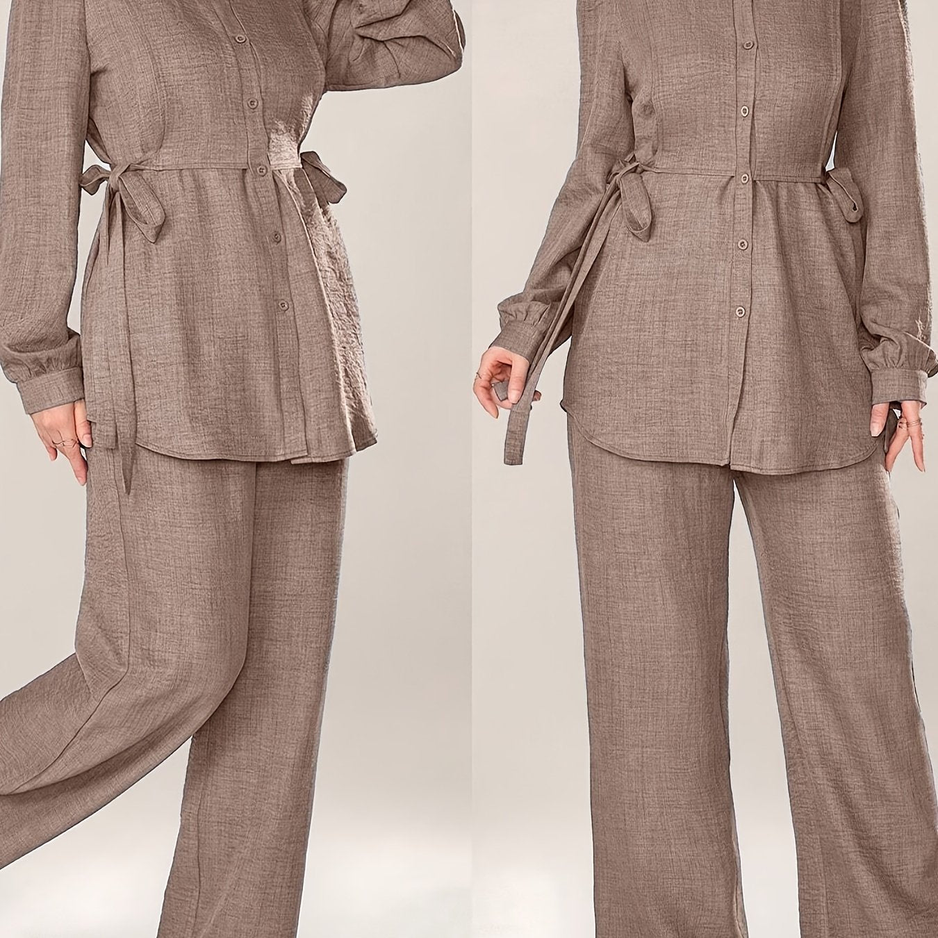 Stylish and Elegant Casual Two-Piece Women's Outfit with Side Tie Single-Breasted Shirt and Wide-Leg Pants for Office Wear