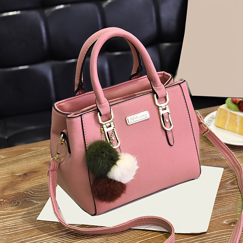 Classic Solid Color Crossbody Bag, Trendy Elegant All-Match Top Handle Satchel Bag with Pom Pom Decor