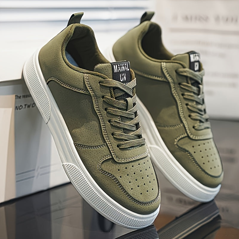 1 Pair MAINALUN Men'S Skateboarding Sneakers - Low-Top Lace-Up Casual Shoes with Thick PVC Sole, Breathable Fabric Lining Durable Synthetic Upper for Daily Wear, Outdoor, Travel, Parties - Green/Black/Khaki, Skateboarding S