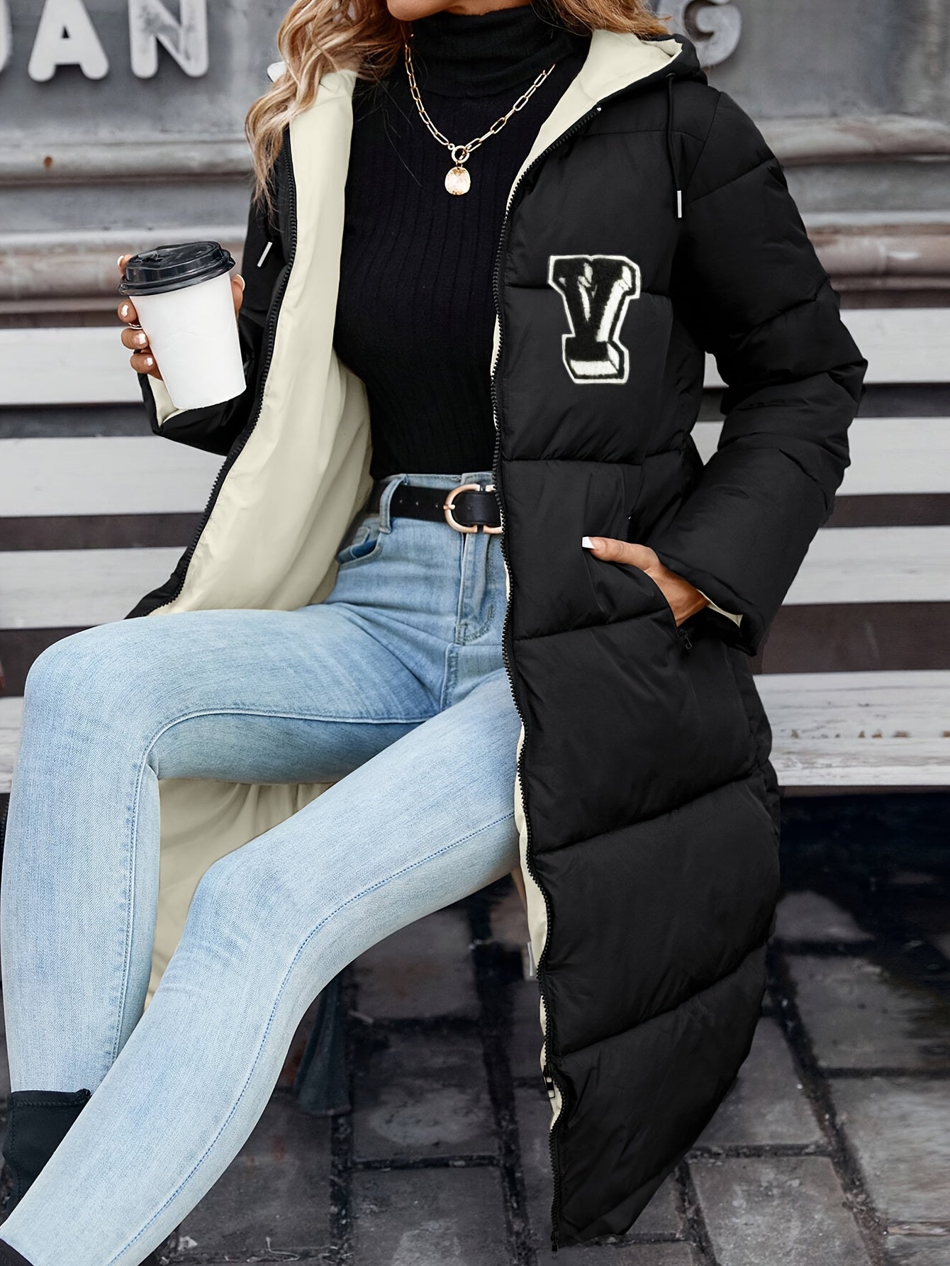 Women's Elegant Long Hooded Coat - Solid Black & White Zip-Up Winter Jacket with Logo, Machine Washable Polyester, Perfect for Fall and Winter Layering, Winter Coat