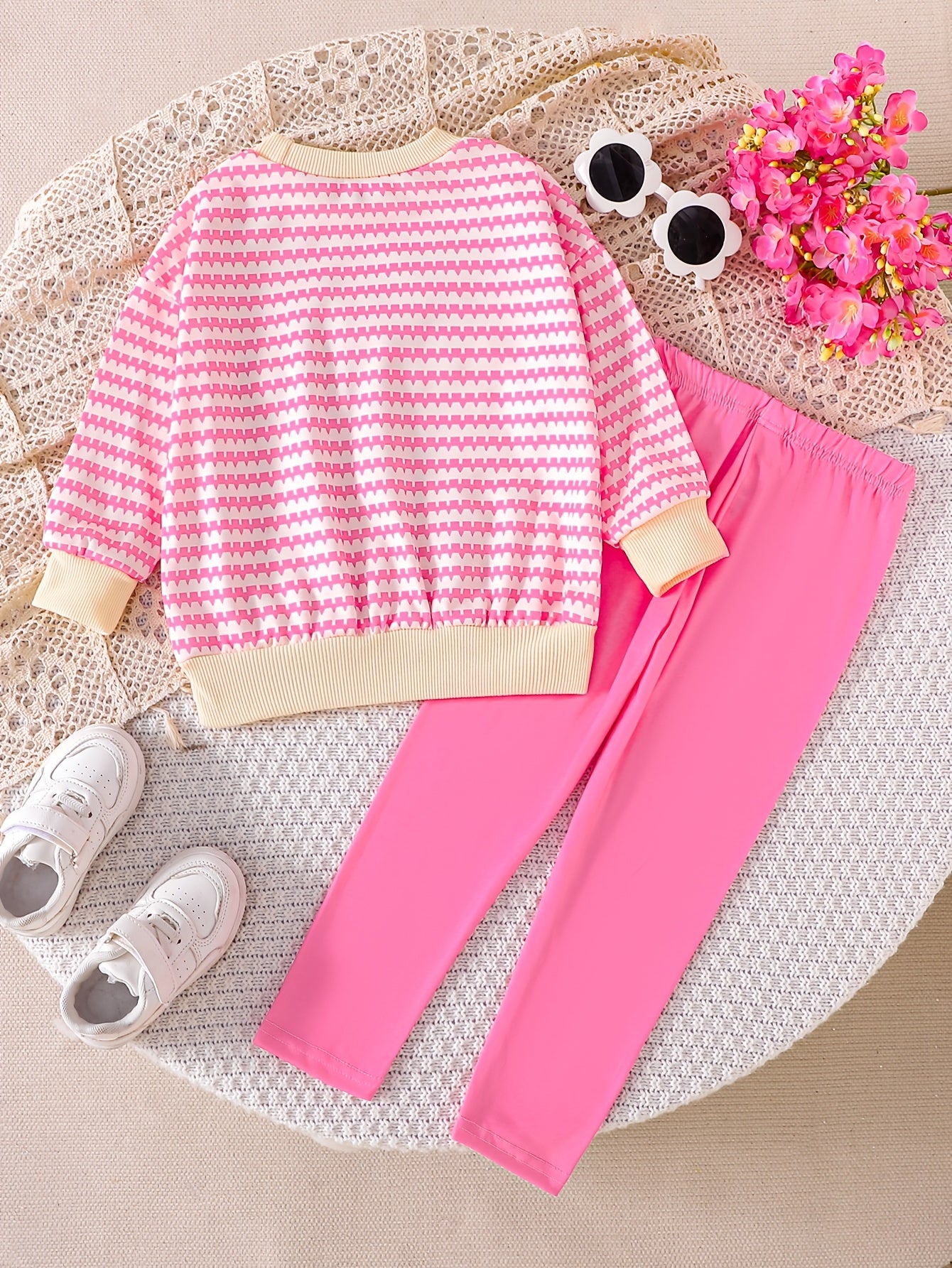 Girls' Striped Floral Sweatshirt & Leggings Set, Soft & Cozy