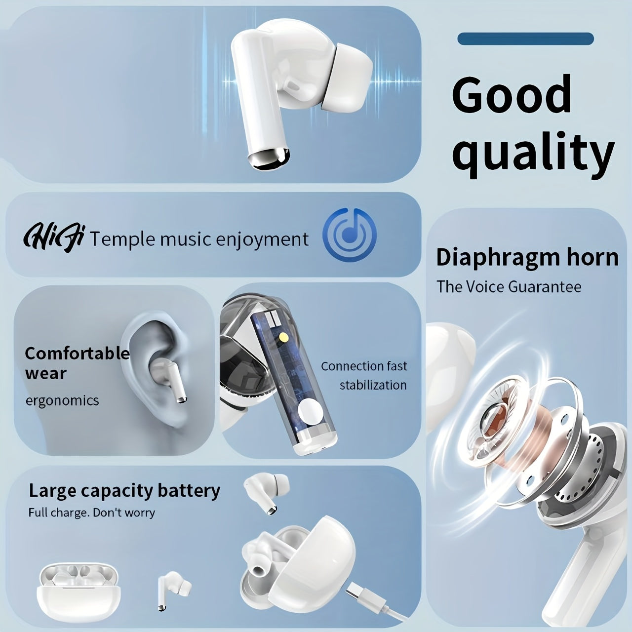 Lightweight wireless in-ear headphones are as light as a feather. Long time wearing will not have the slightest discomfort. Whether you're out shopping, commuting, or working out, it's easy to slip it into your pocket and sta