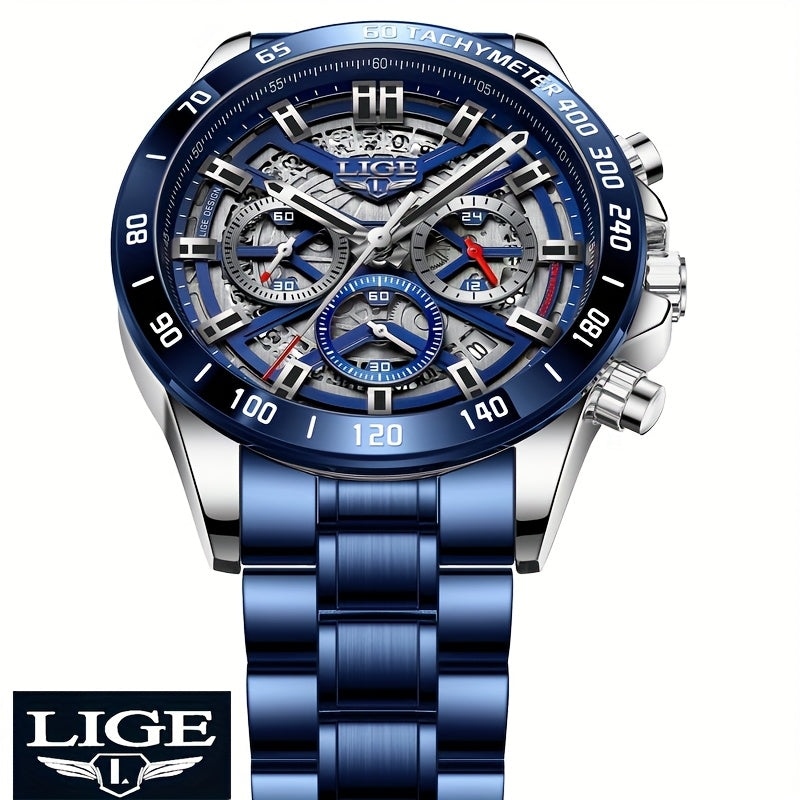 LIGE Watch, Fashion Teen Men's Watches, Multifunctional Stainless Steel Quartz Watches, Waterproof Watches, for Sports, College Various Scenes, Holiday Gifts, Party Gifts, Birthday Gifts, Black Blue Watches