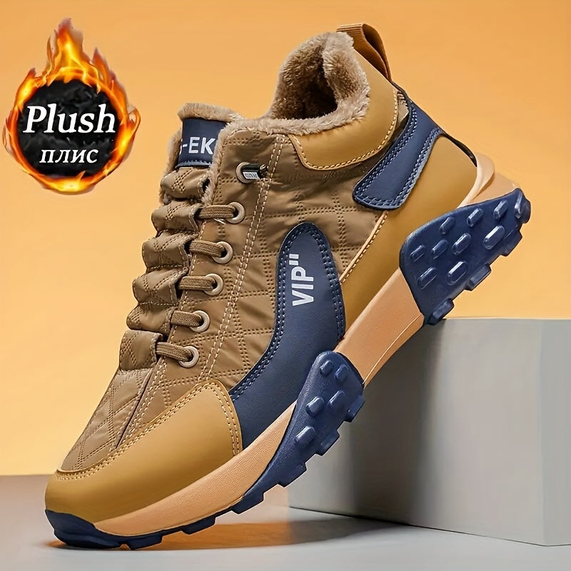 Men's Winter Warm Low-Top Ankle-High Hiking Boots with Plush Lining, Anti-Skid Traction Tread & PU/PVC Sole - Beige/Navy Blue/Tan Brown - Lace-Up/Dual Closure for Ice, Snow, Mud - Cold Weather Outdoor Trekking, & Daily Winter