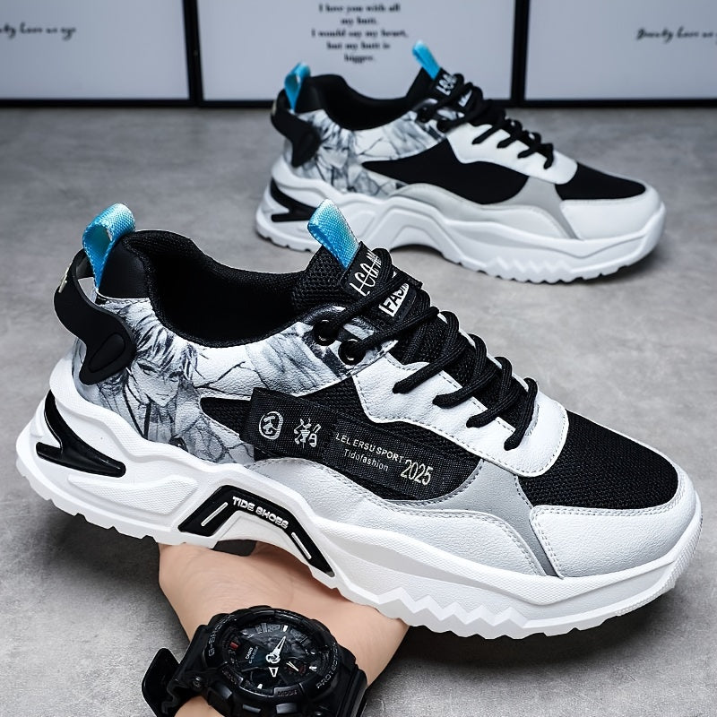 Men's Stylish Platform Sneakers with Wave Pattern - Comfortable, Non-Slip Durable for Outdoor, Campus Walks Travel Lace-Up, Breathable Design, for Autumn, Spring