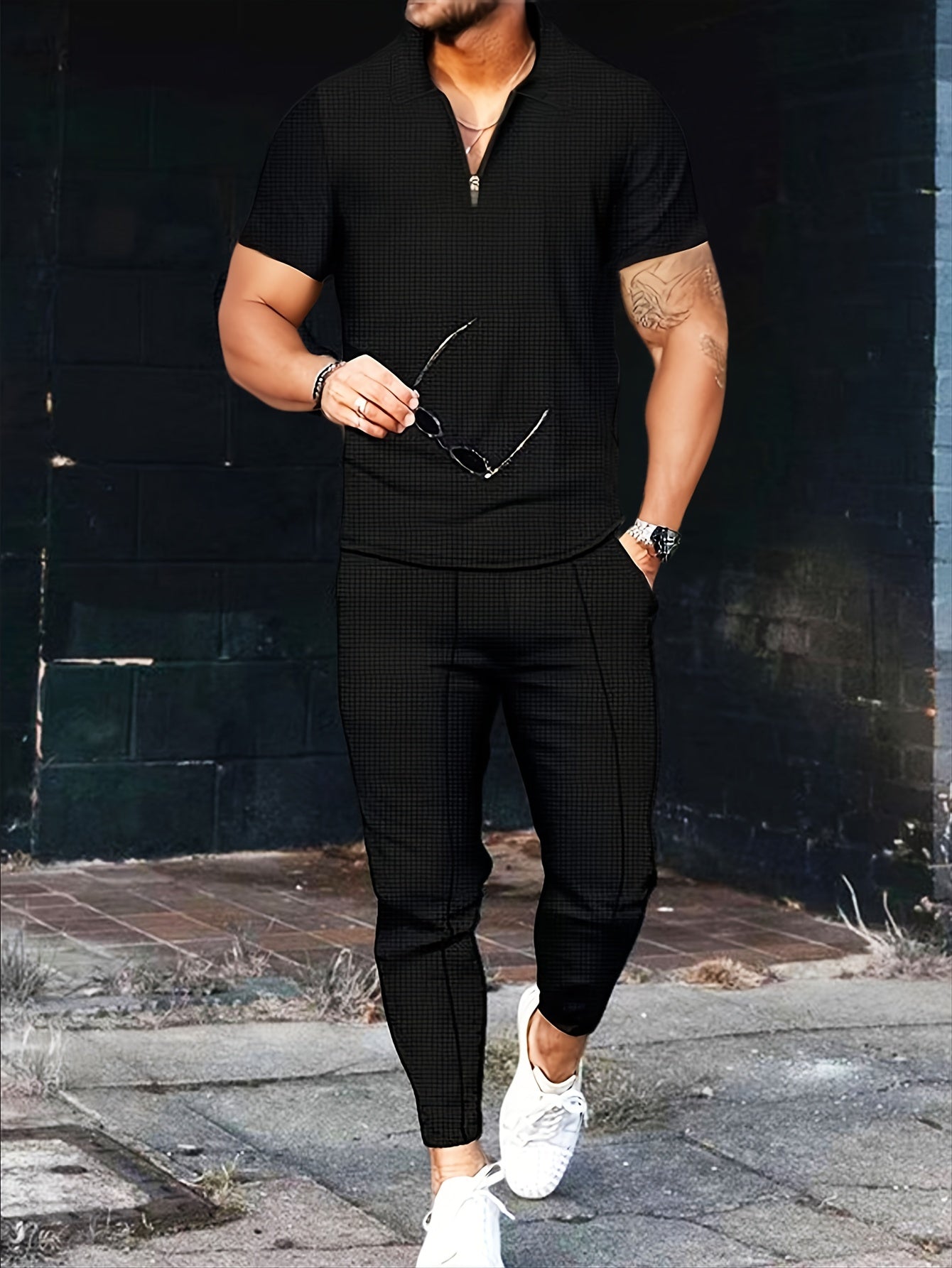 Men's Fashion Short-Sleeve Long-Pants Waffle Knit Zip-Up Turn- Collar Casual Two-Piece Set