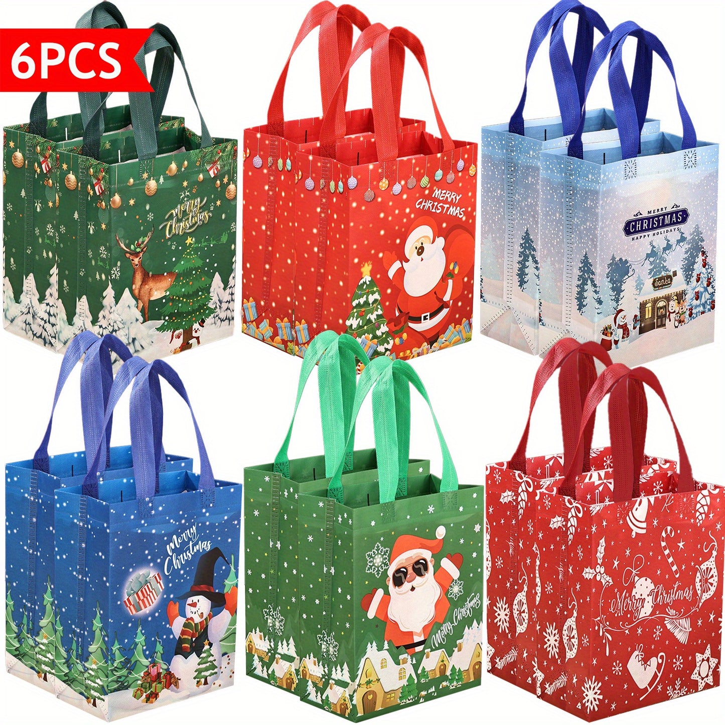 6/12pcs Christmas Gift Bags with Handles, Medium Reusable Non-Woven Tote Bags for Wrapping Gifts or Party Favors, New Year Shopping Bag, 25×20×10cm