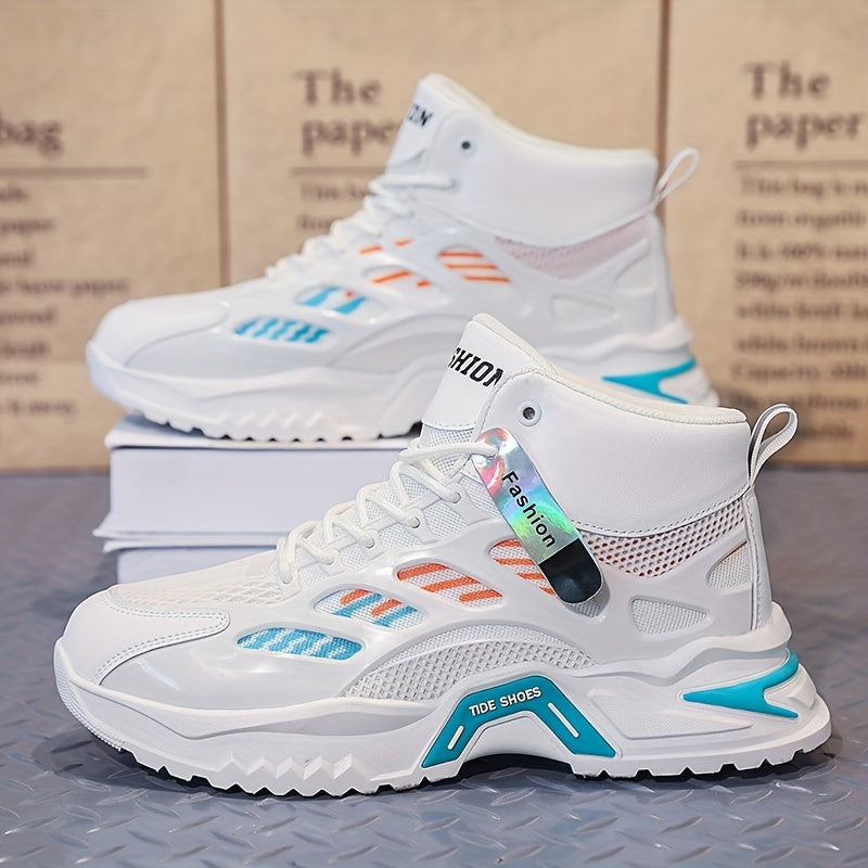 Fashion Mid-Top Sneakers for Men - Casual Street Style Athletic Shoes with Graphic Pattern, Lace-Up Closure, All-Season Round Toe Trainers with PU Upper, Fabric Lining Insole, Anti-Slip PVC Sole